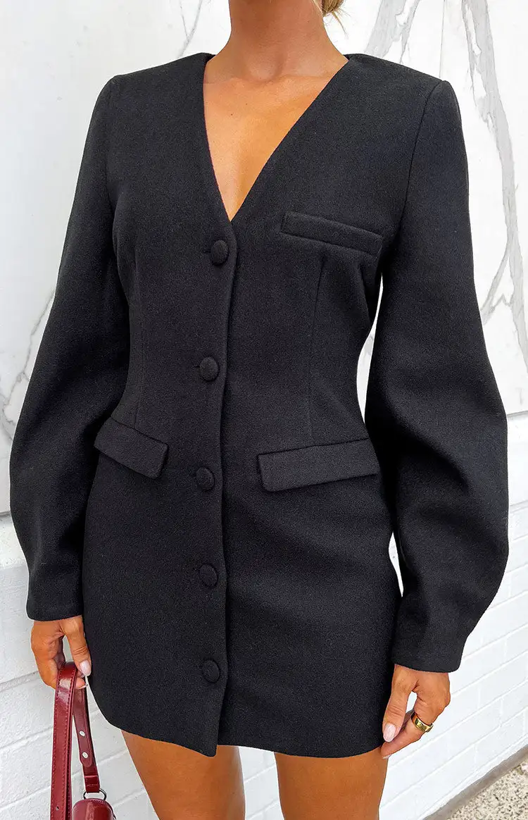 V Neck Long Sleeve Long Mini Dress