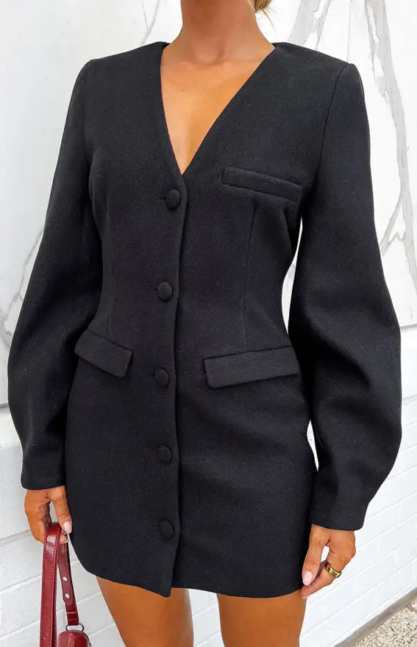 V Neck Long Sleeve Long Mini Dress