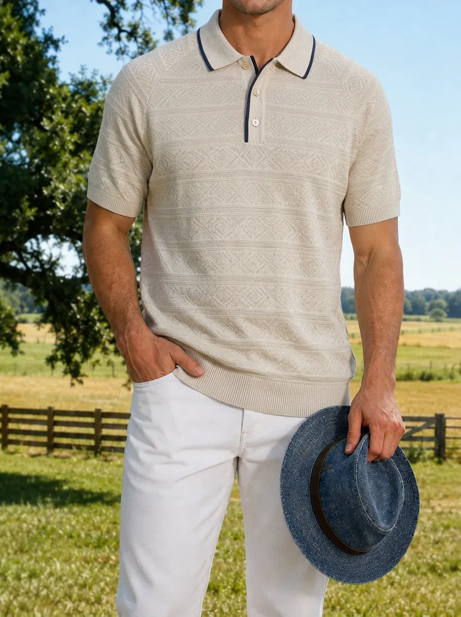 Men's Geometric Pattern Knit Polo Shirt Featuring Raglan Sleeves