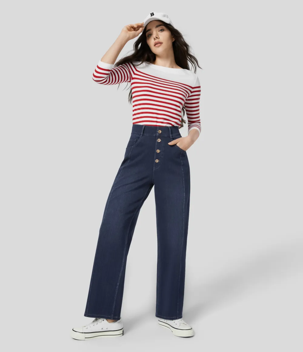Magic High Waisted Decorative Button Multiple Pockets Straight Leg Stretchy Knit Casual Boyfriend Jeans