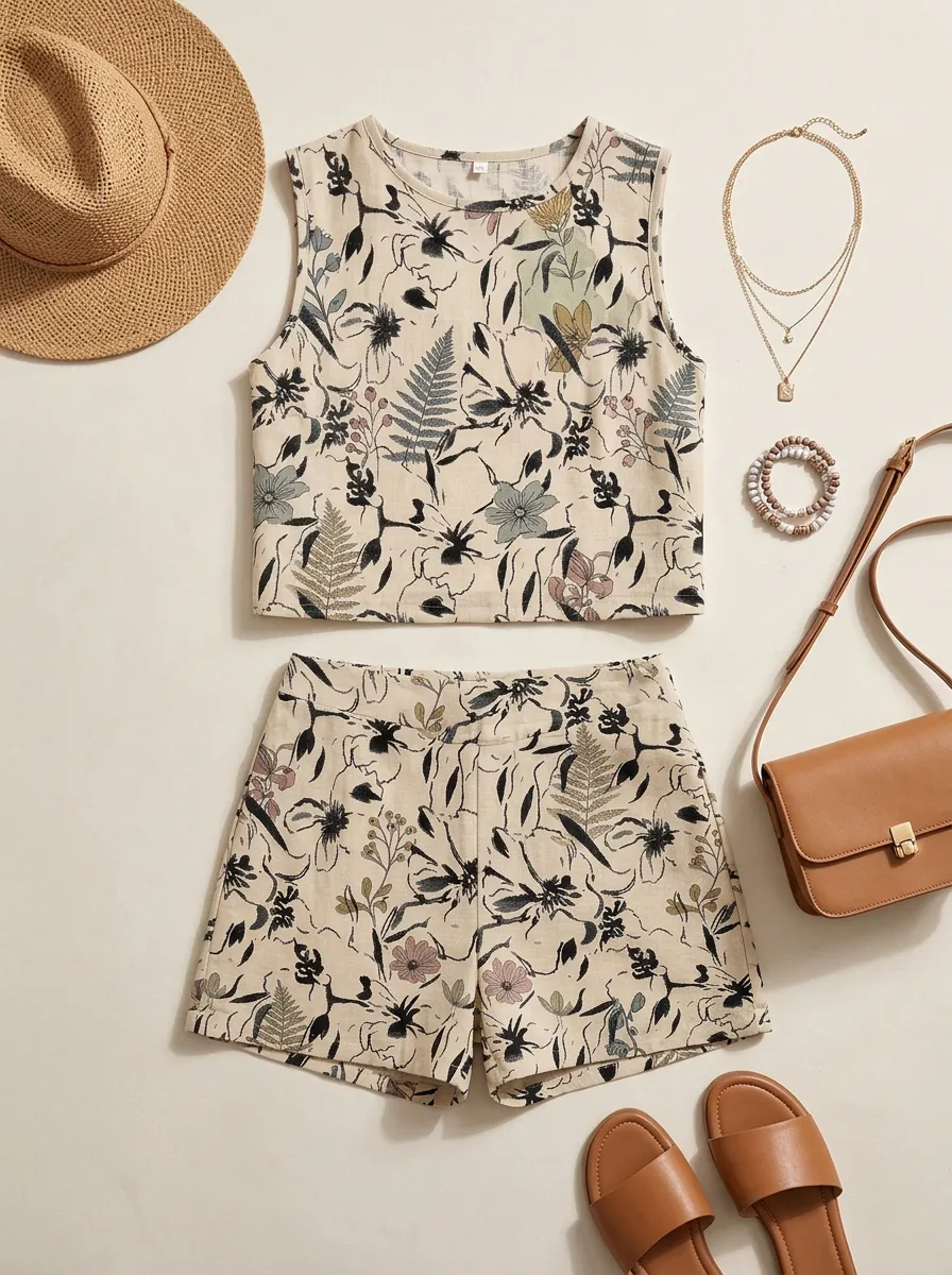 Women's Botanical Floral Fern Printed Sleeveless Shorts Set