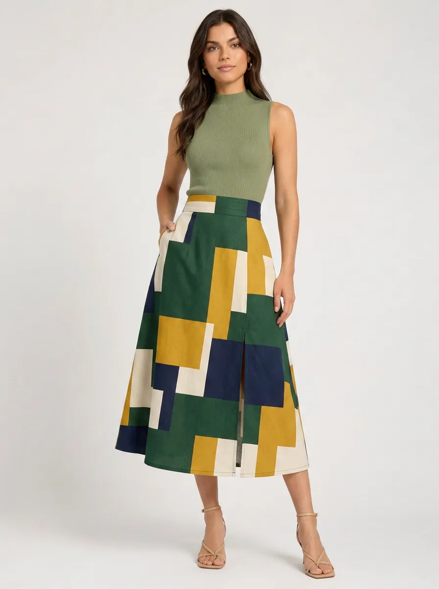 Women's Geometric Pattern Colorblock Printed Midi Skirt