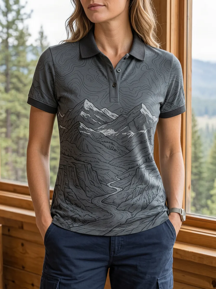 Women's Fresh Hiking Lover Mountain Topographic Polo Shirt