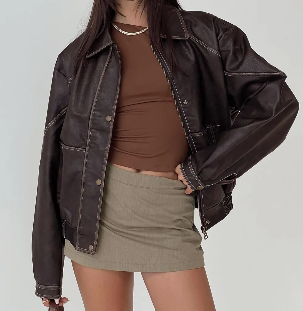 Brown Faux Leather Ribbed-Hem Jacket