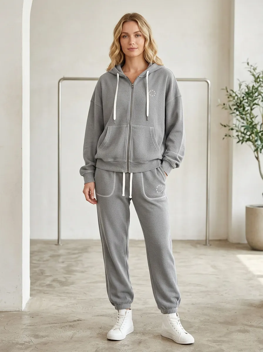 Women's Minimalist Circle Logo Waffle Knit Zip-up Hoodie Jogger Set