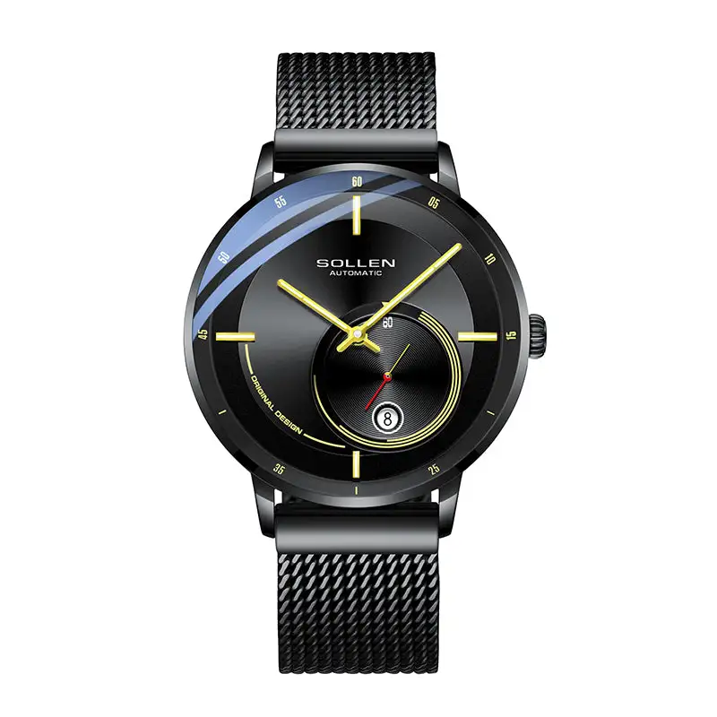 Sollen SL309 Men's Minimalist Automatic Mechanical Watch - 42mm Stainless Steel Case Slim 9.9mm Small Seconds Date Window Mesh Bracelet Wristwatch