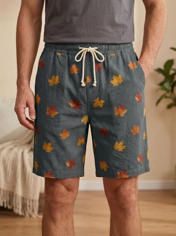 Maple Leaf Print Drawstring Neutral Shorts