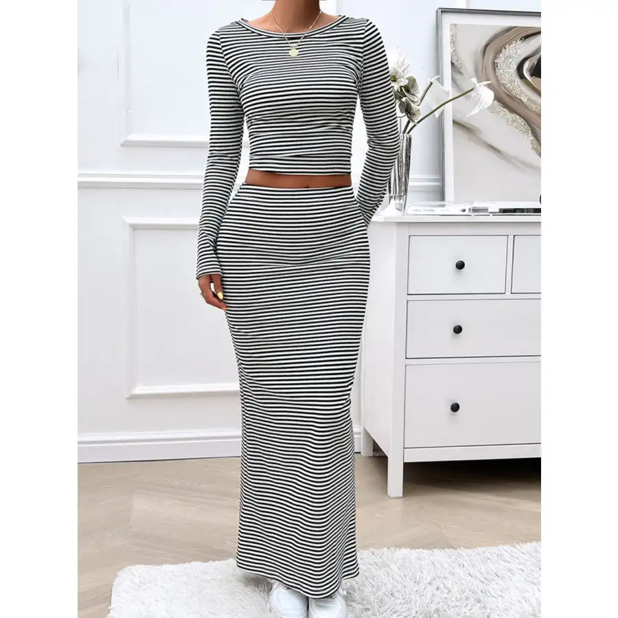 Striped Boat Neck Top and Skirt Set