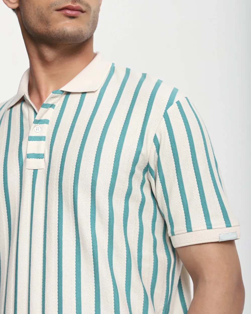 Teal Striped Textured Polo Shirt