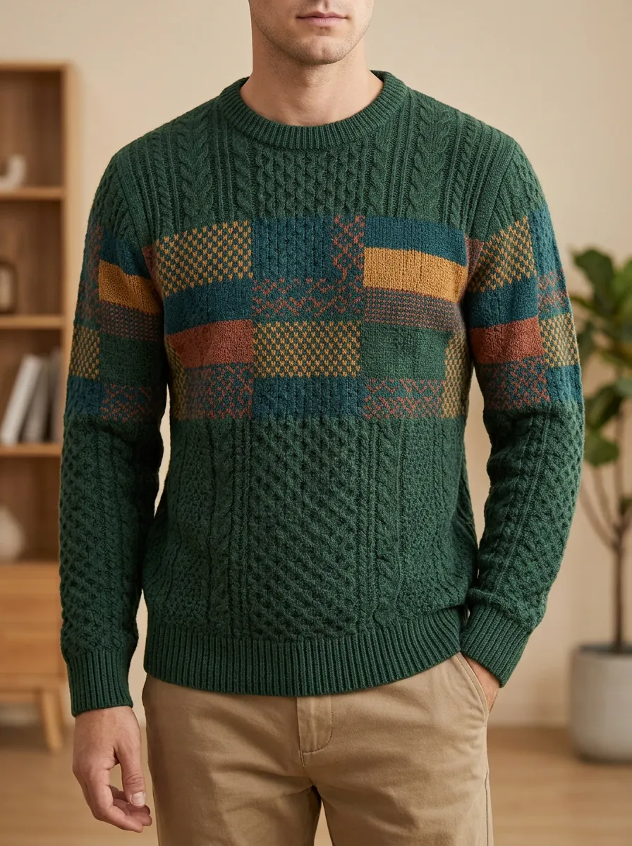 Men's Vintage Geometric Patchwork Cable Knit Sweater