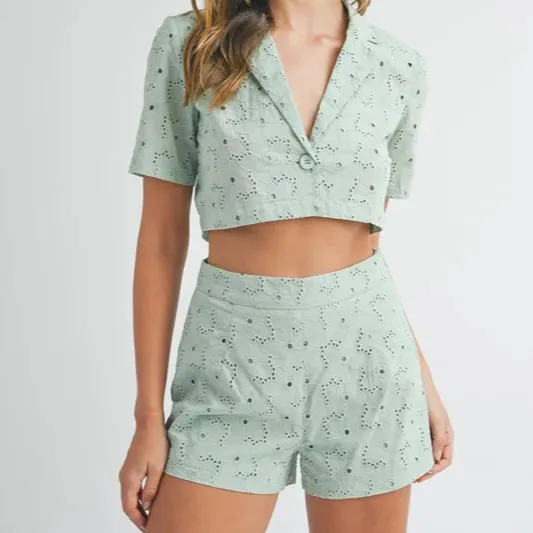Eyelet Short Sleeve Crop Top and Shorts Set