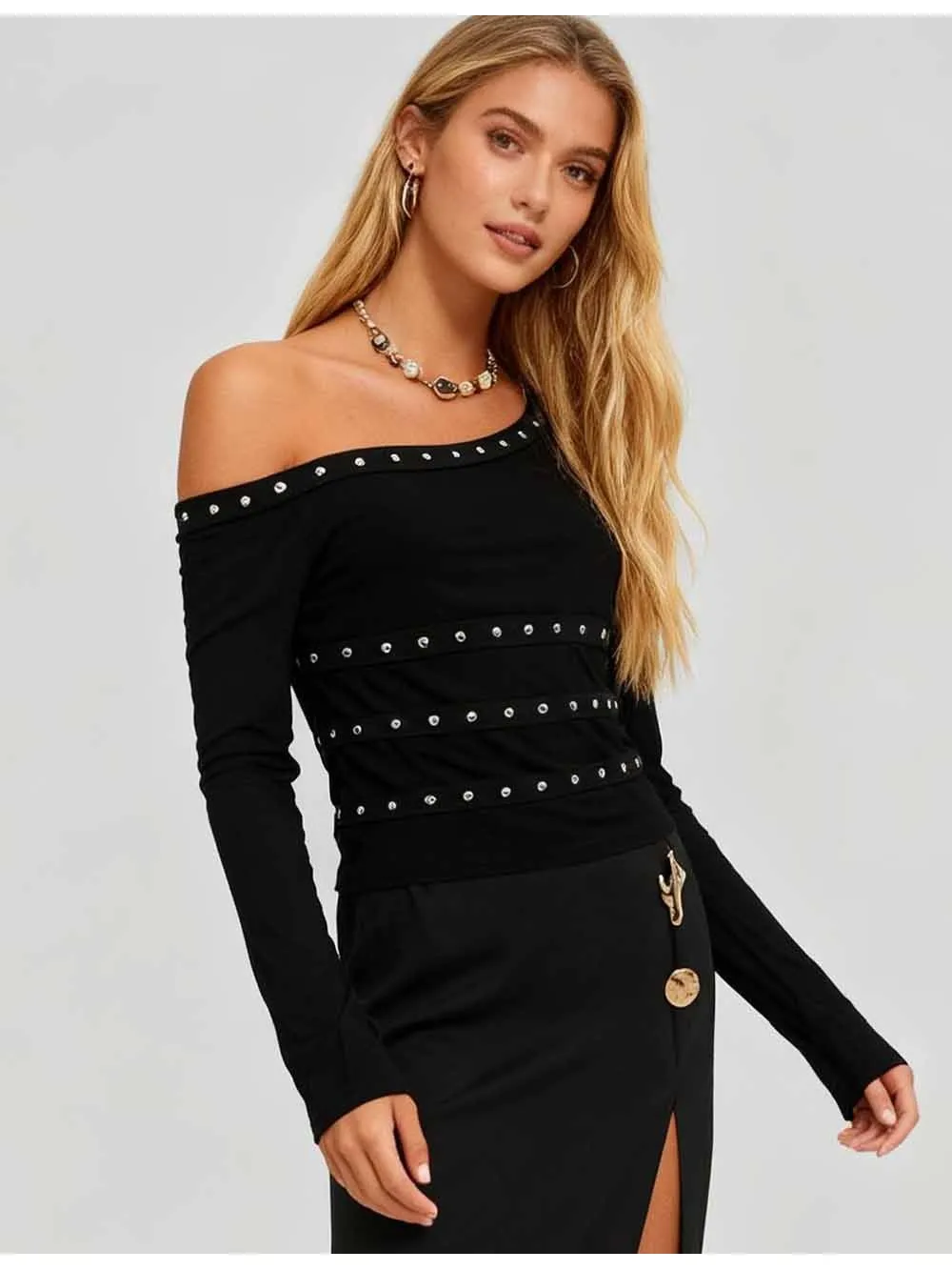 Metal Stud One Shoulder Long Sleeves Top