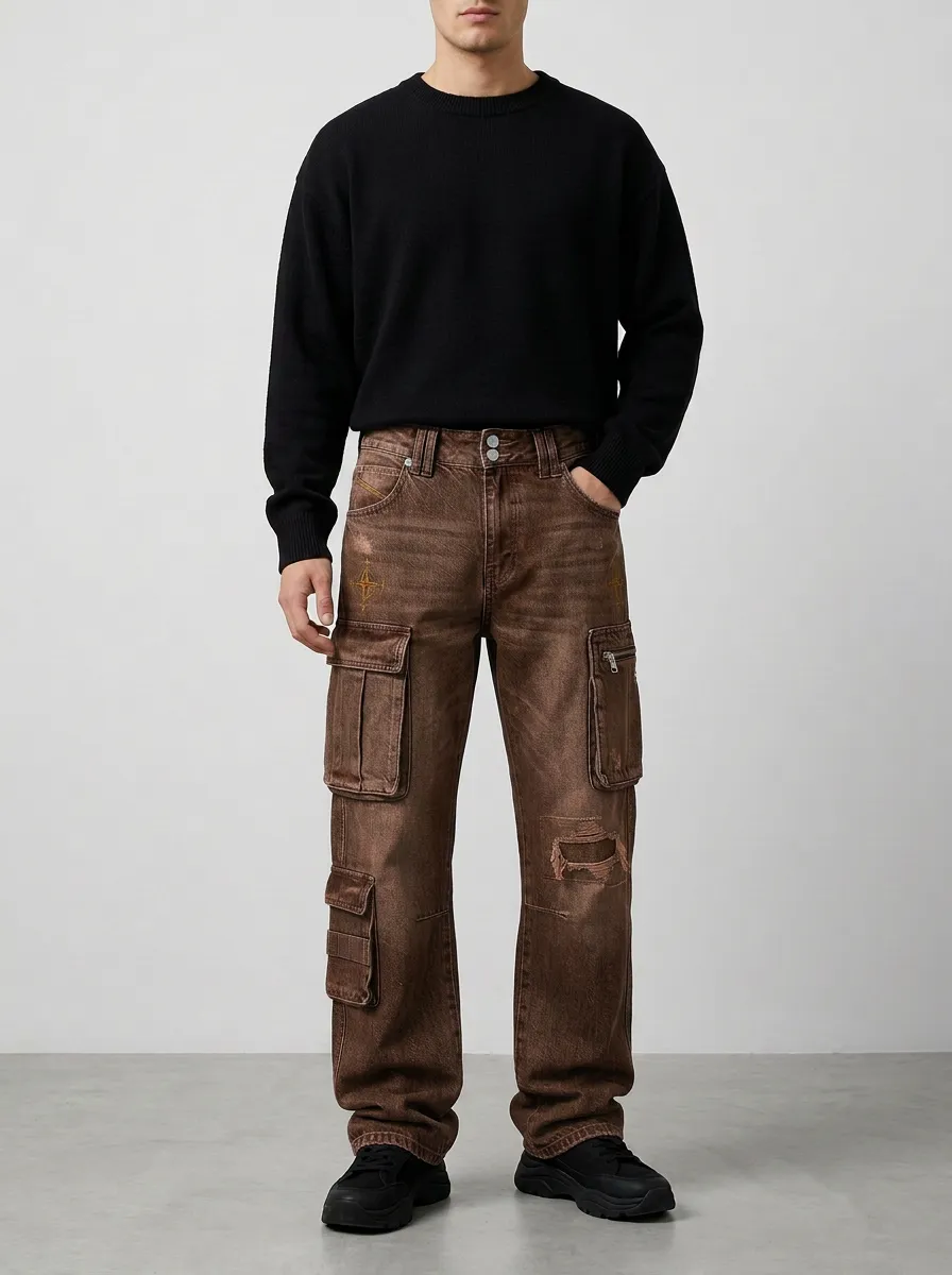 Men's Vintage Distressed Star Embroidered Cargo Jeans