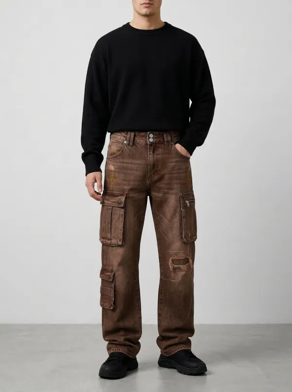 Men's Vintage Distressed Star Embroidered Cargo Jeans