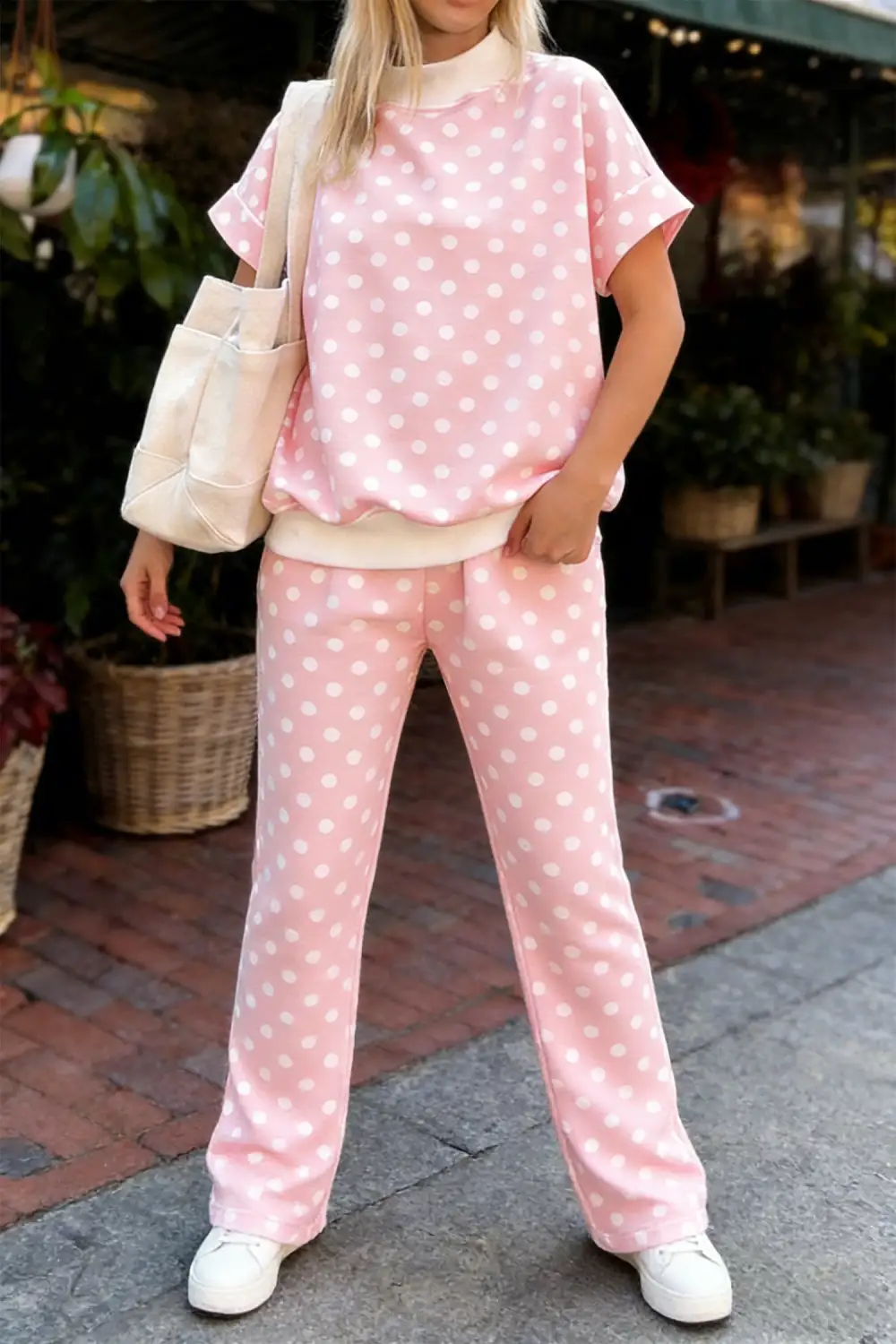 Women's Polka Dot Print Mock Neck Short Sleeve Top Shift Pant Set