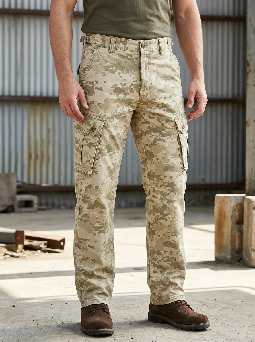 Men's Desert Digital Camo Button-Flap Pocket Side-Adjuster Waist Cargo Pants