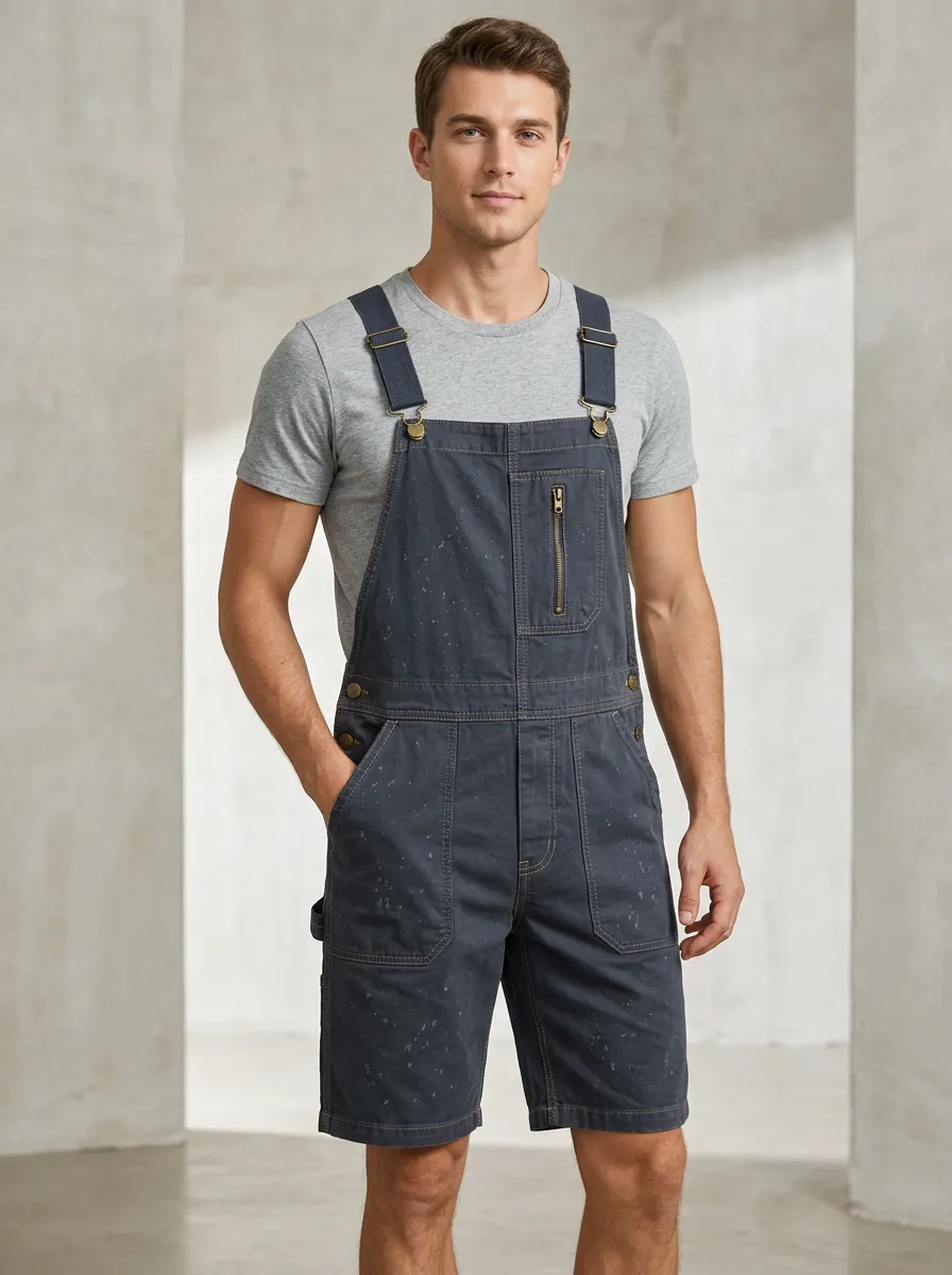 Men's Casual Workwear Paint Splatter Printed Denim Overalls Shorts