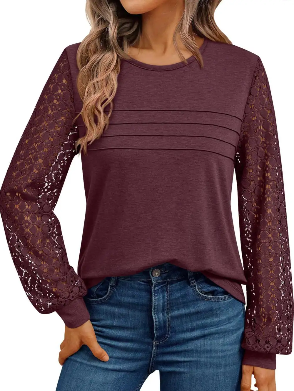 Crew Neck Openwork Patch Top