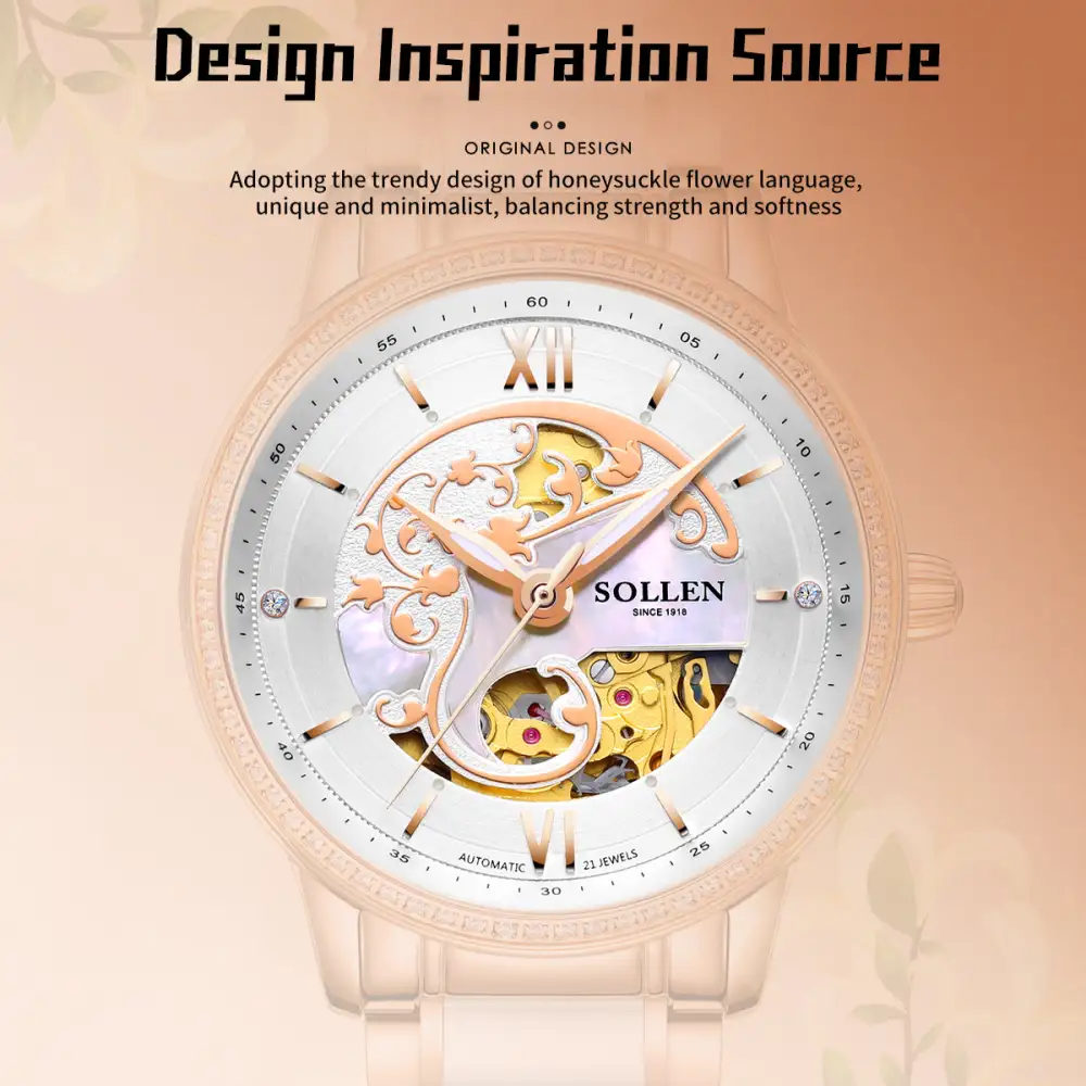 Sollen SL412 Women's Skeleton Automatic Watch - 36.5mm Crystal Bezel Sapphire Crystal Miyota 82S0 Ceramic Bracelet Wristwatch