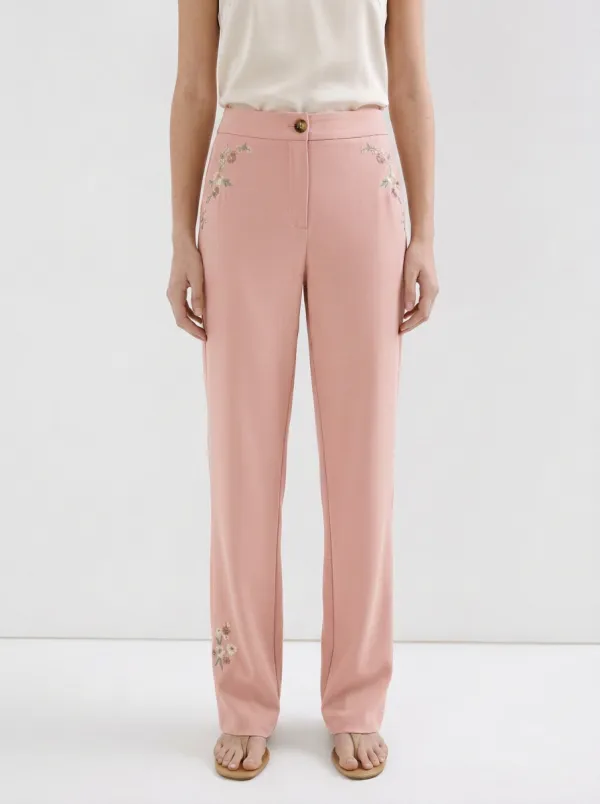 Women's Floral Embroidery Beige Mid-Rise Straight Leg Pants