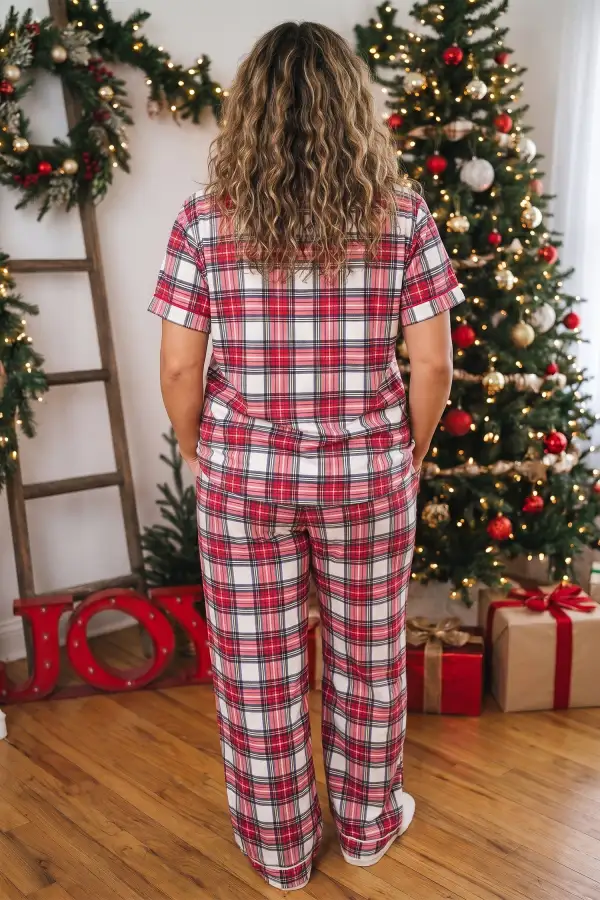 Women's Short Sleeve Button Down Plaid Pajama Two Piece Pant Set