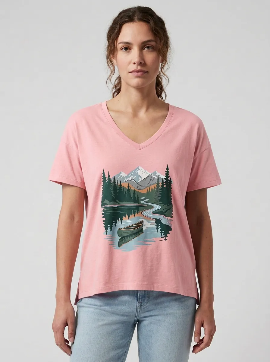 Women's Nature-Inspired Mountain & Canoe Graphic V-Neck T-Shirt