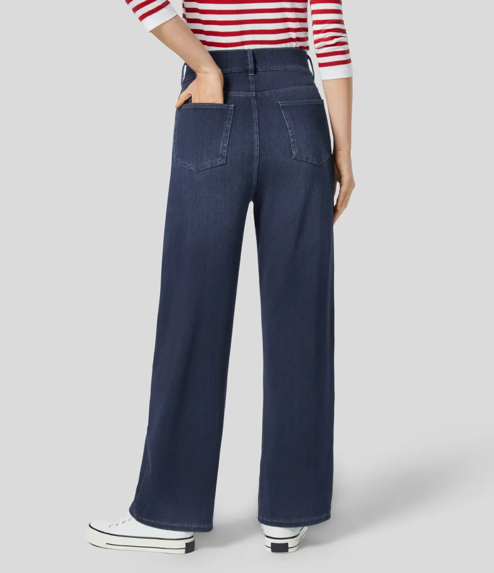 Magic High Waisted Decorative Button Multiple Pockets Straight Leg Stretchy Knit Casual Boyfriend Jeans