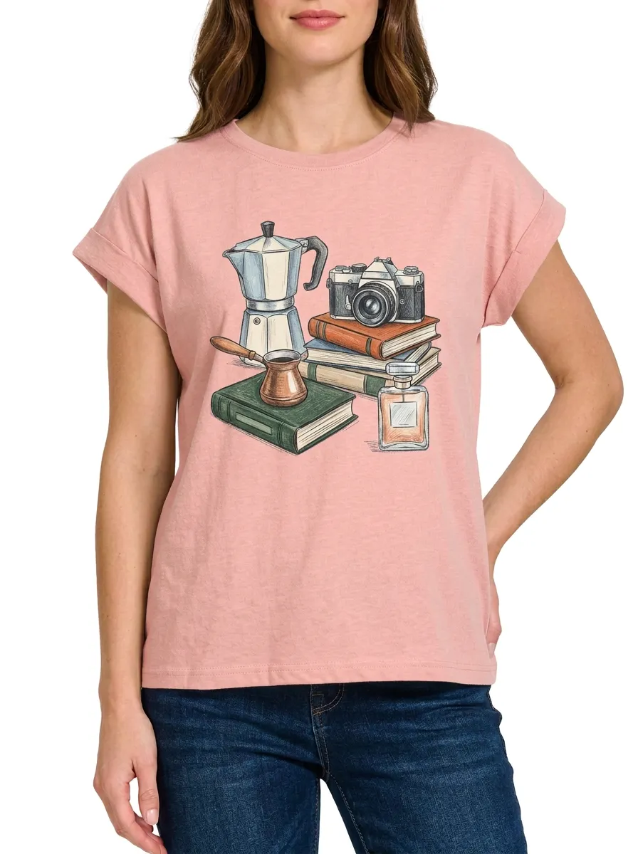 Women's Coffee Camera Book Graphic T-Shirt