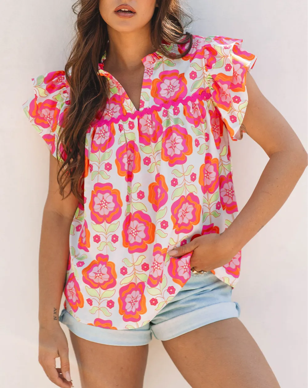 Women's Floral Print Split Neck Ruffle Sleeve Top