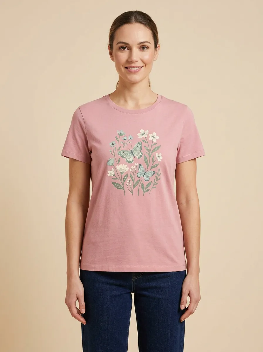 Women's Crew-Neck Graphic Floral-Motif Ribbed Short-Sleeve T-Shirt