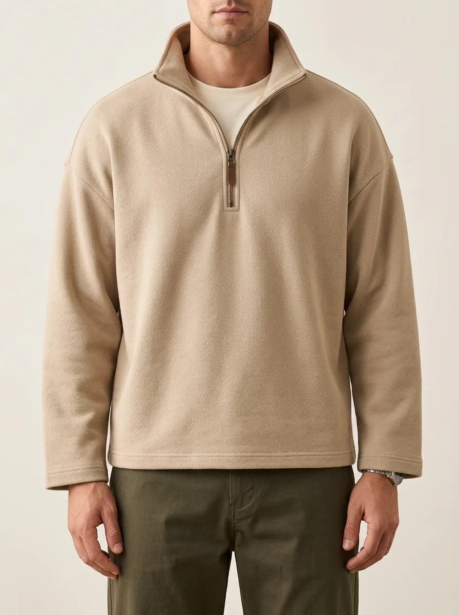 Solid Finish Sweatshirt with Quarter-Zip Closure for Minimal-Look Wear