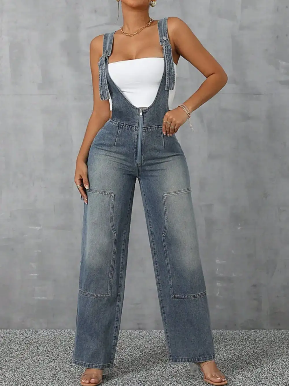 Zip Front Wide Strap Denim Overall Accessory