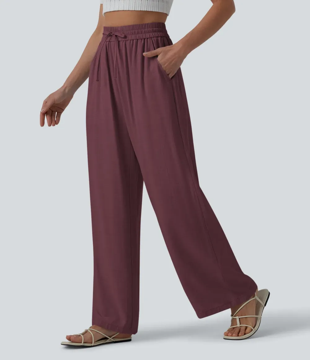 2026🔥High Waisted Drawstring Wide Leg Casual Linen-Blend Trousers with Pockets