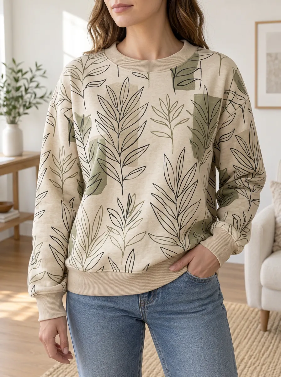 Women's Botanical Print Crewneck Sweatshirt Minimalist