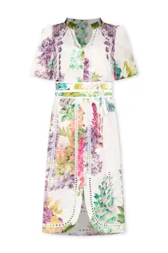 Below-Knee Floral Linen Blend Puff-Sleeve V-Neck Half-Sleeve Straight-Cut Slip Dress