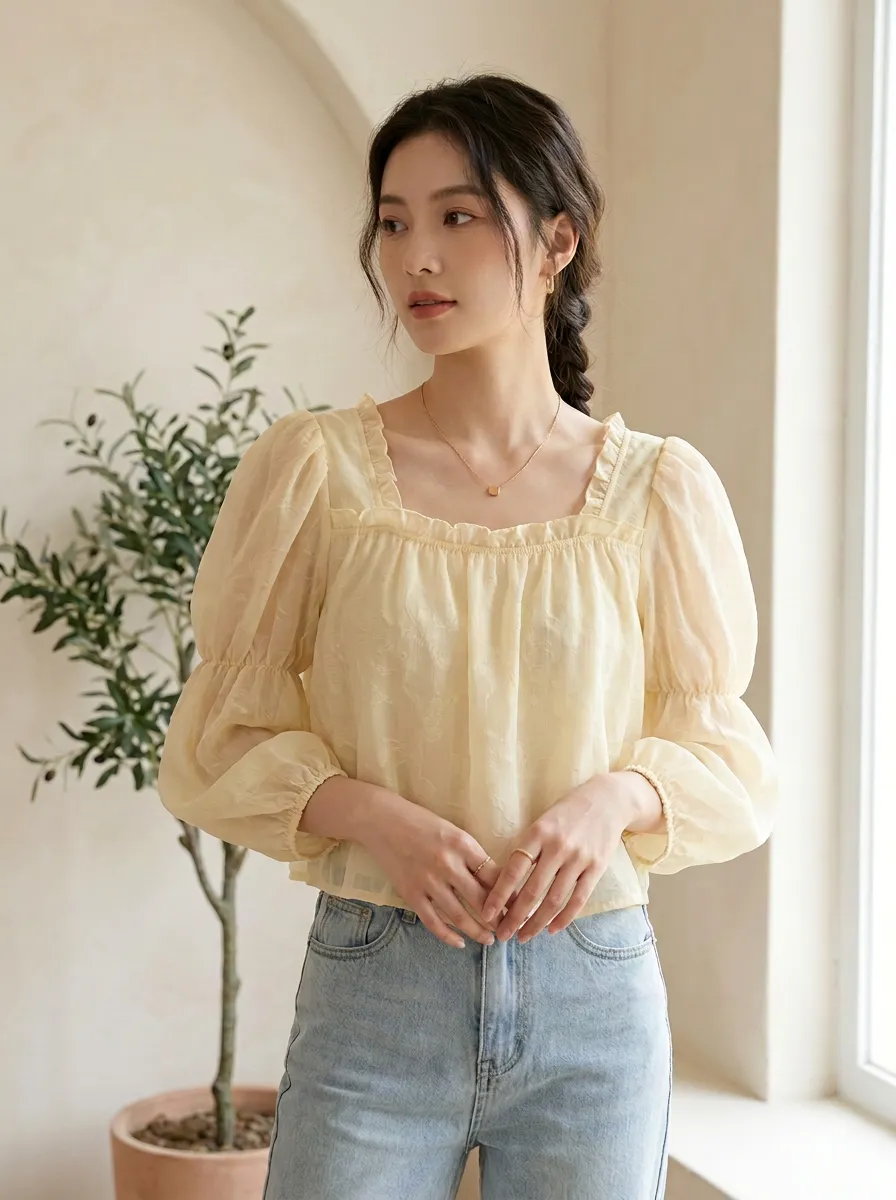 Modern Square-Neck Women's Puff-Sleeve Blouse
