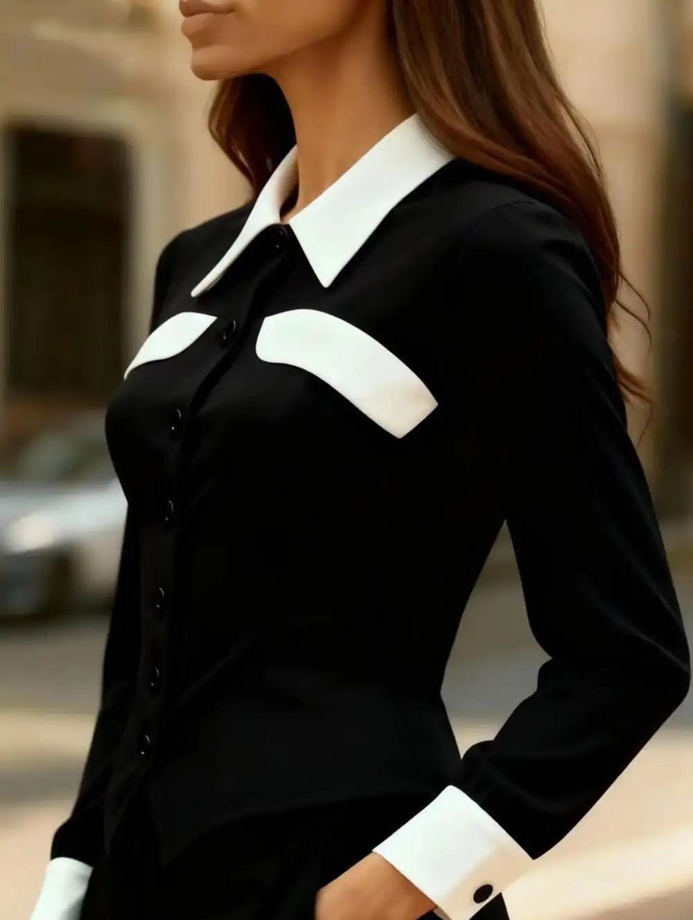 Contrast Lapel Long Sleeve Shirt