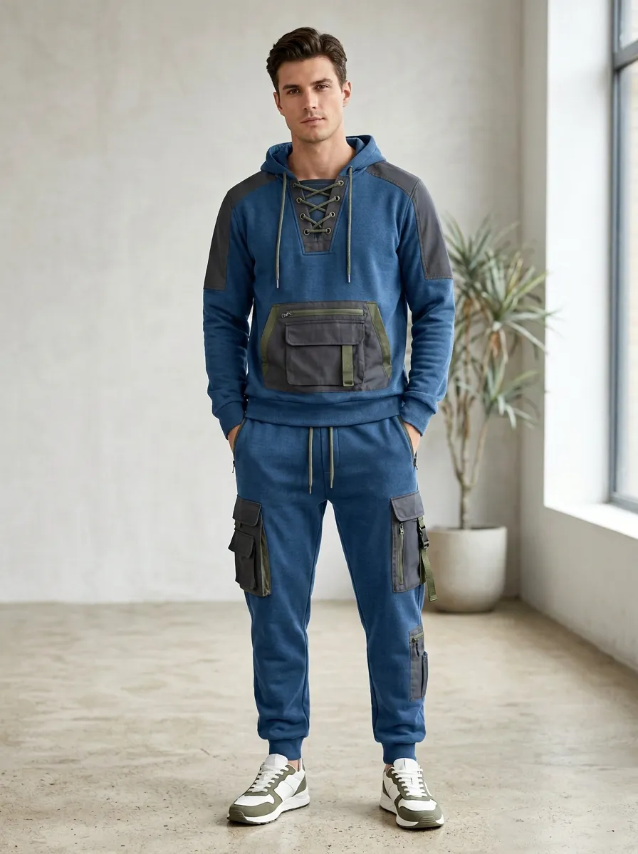 Core Lace-Up Multi Pocket Fit Men's Lace Up Hoodie And Cargo Jogger Set