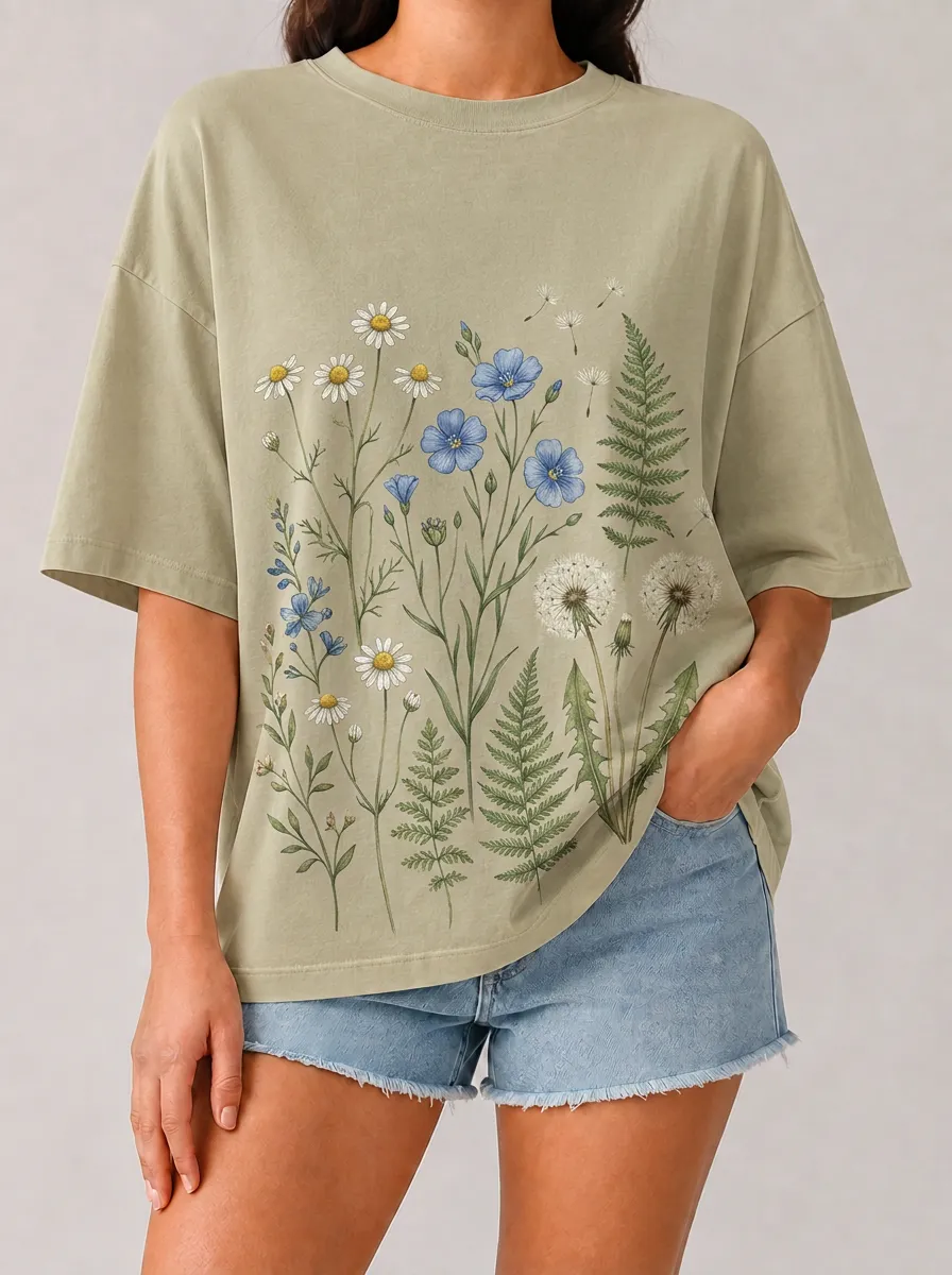 Women's Botanical Nature Lover Daisy Dandelion Fern Printed T-shirt