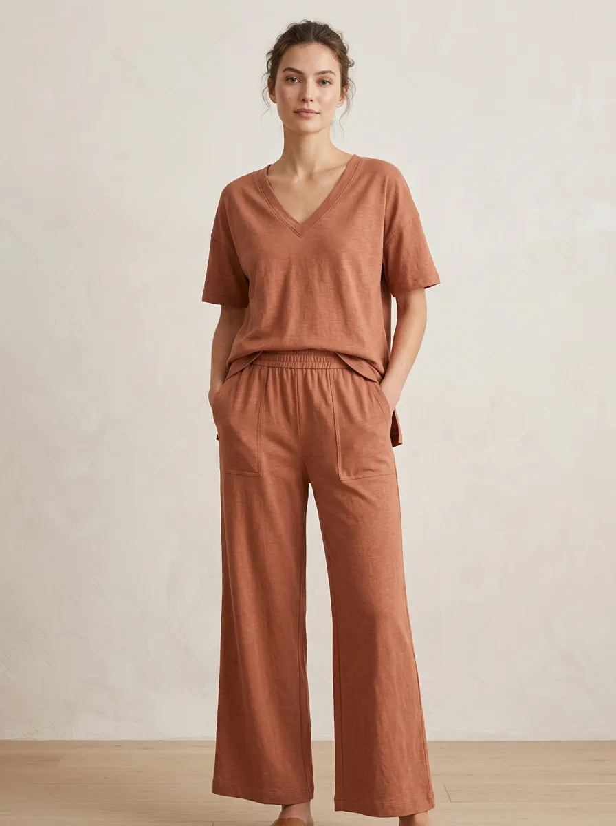 Pleated Women's V-Neck Casual Lounge Set