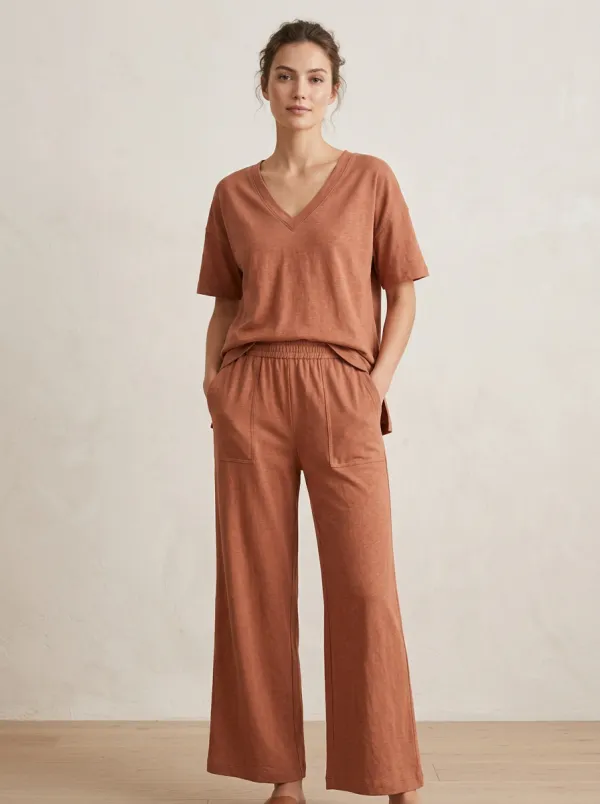 Pleated Women's V-Neck Casual Lounge Set