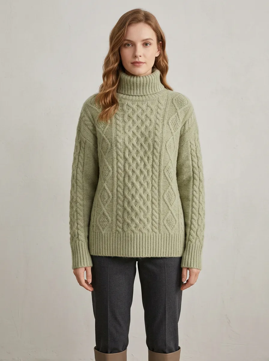 Women's Sage Green Cable Knit Patterned Turtleneck Sweater