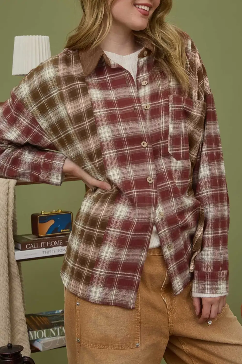 Women's Plaid Long Sleeve Contrast Detail Blouse