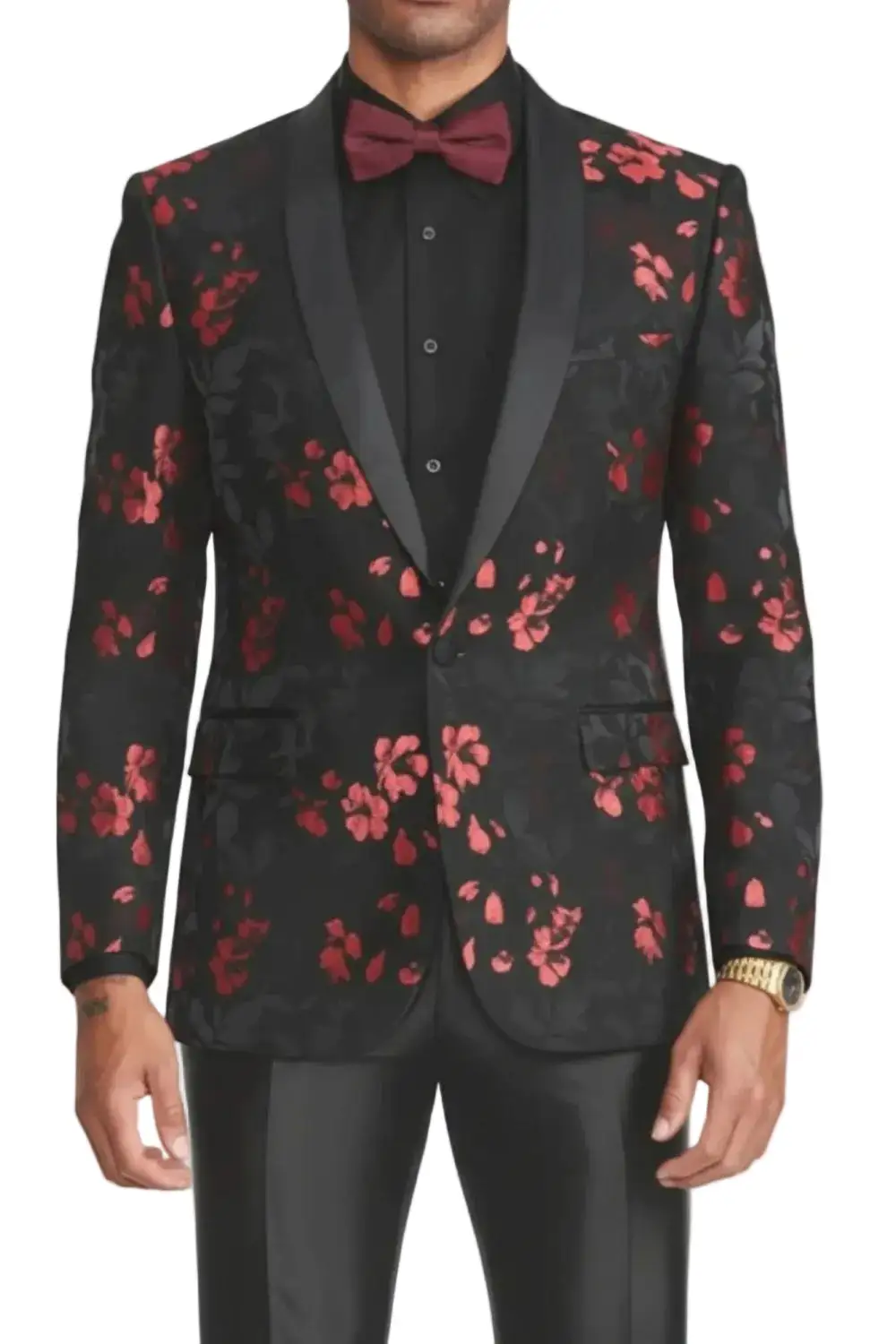 Black Slim Fit Satin Floral Single Breasted Shawl Lapel Tailored Blazer