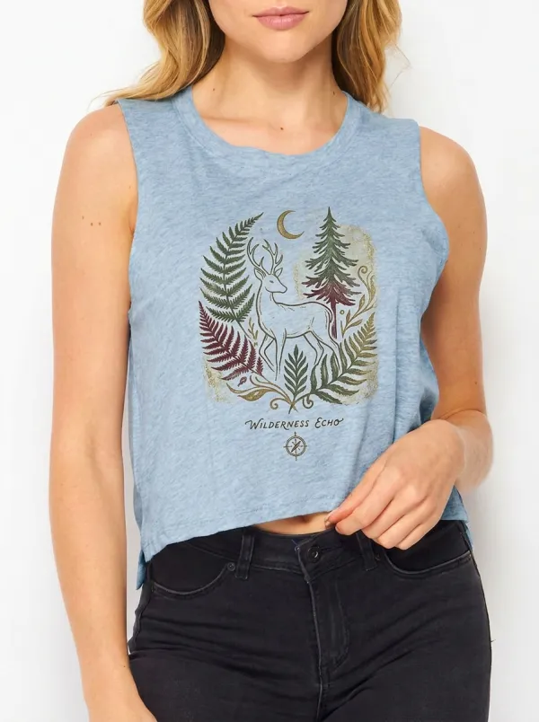 Women's Nature Lover Wilderness Echo Deer Fern Printed Crop Tank Top