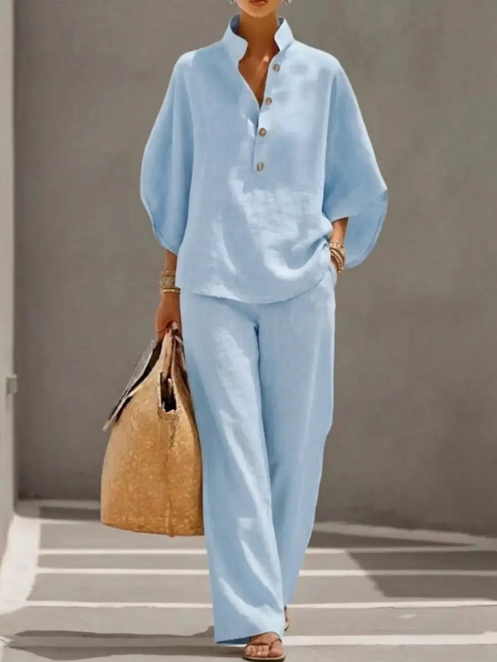 Full Size Button Detail Sleeve Top and Pants Set Plus Size
