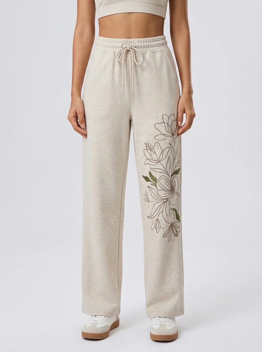 Women's Beige Side Pockets Wide-Leg Sweatpants