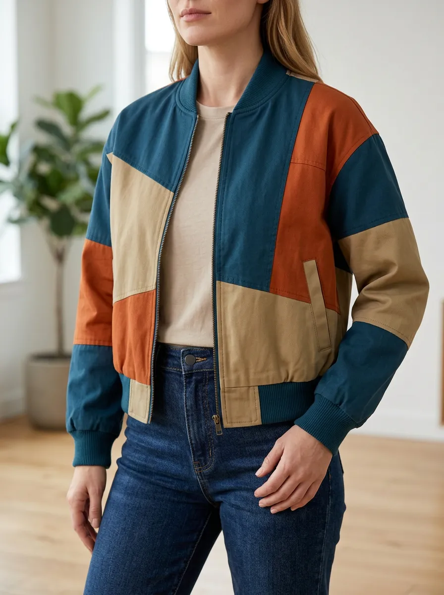 Women's Modern Colorblock Geometric Bomber Jacket
