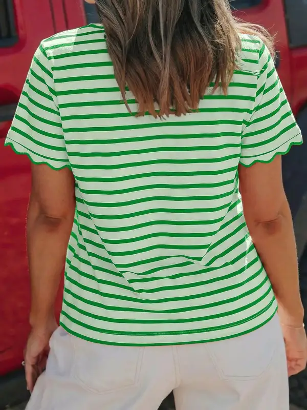 Striped Scallop Trimmed Round Neck T Shirt
