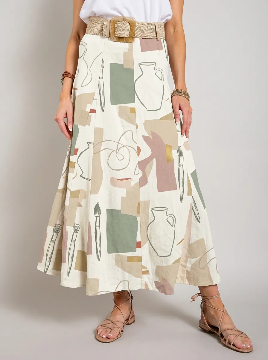 Women's Art Studio Pottery Brush Abstract Printed Midi Skirt